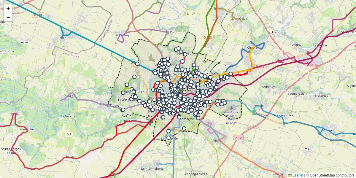 Carte du réseau de transport en commun à Niort - lignes de bus et arrêts