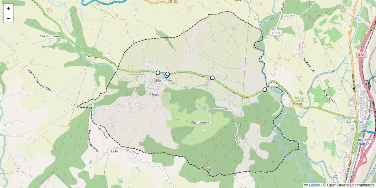 Carte du réseau de transport en commun à Niozelles - lignes de bus et arrêts