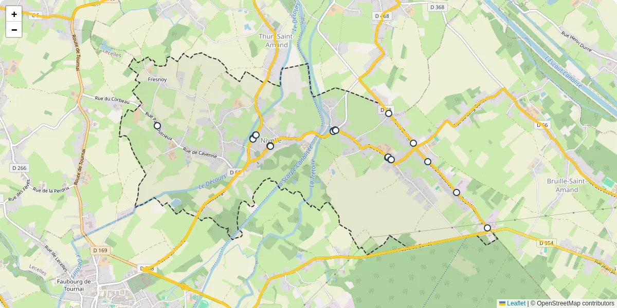 Carte du réseau de transport en commun à Nivelle - lignes de bus et arrêts
