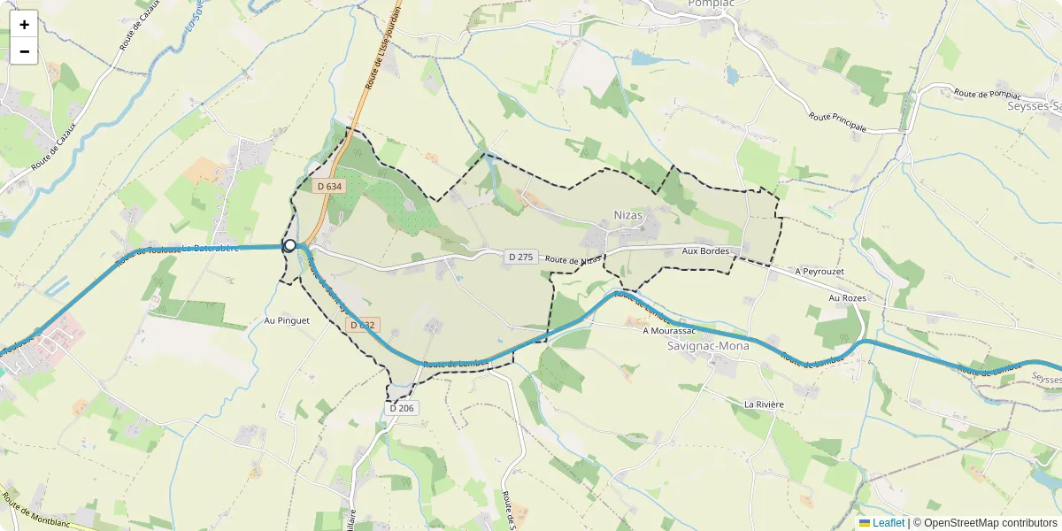 Carte du réseau de transport en commun à Nizas - lignes de bus et arrêts