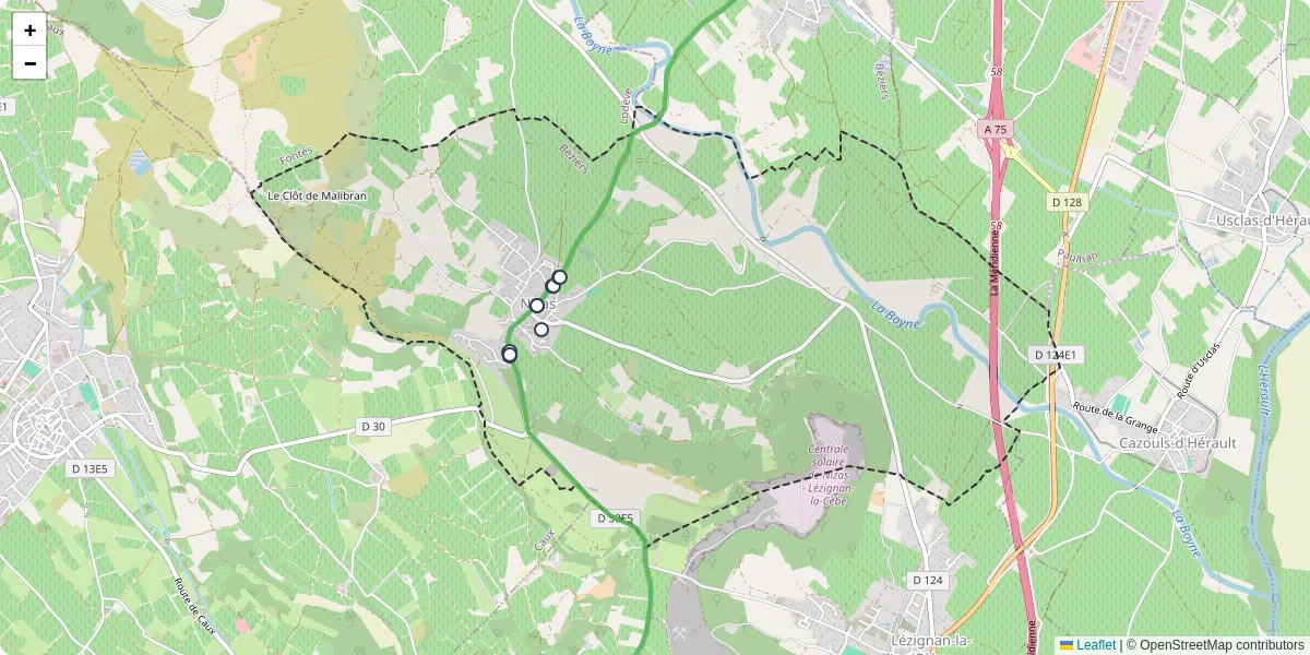Carte du réseau de transport en commun à Nizas - lignes de bus et arrêts