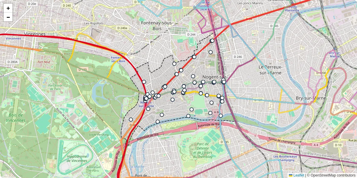 Carte du réseau de transport en commun à Nogent-sur-Marne - lignes de bus et arrêts