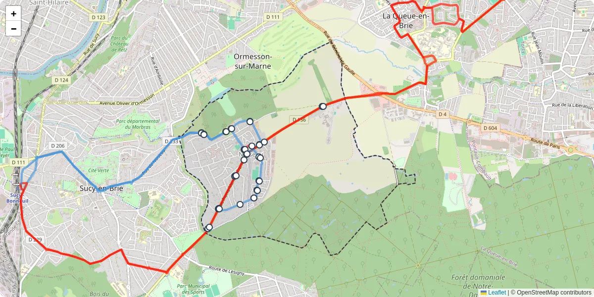Carte du réseau de transport en commun à Noiseau - lignes de bus et arrêts