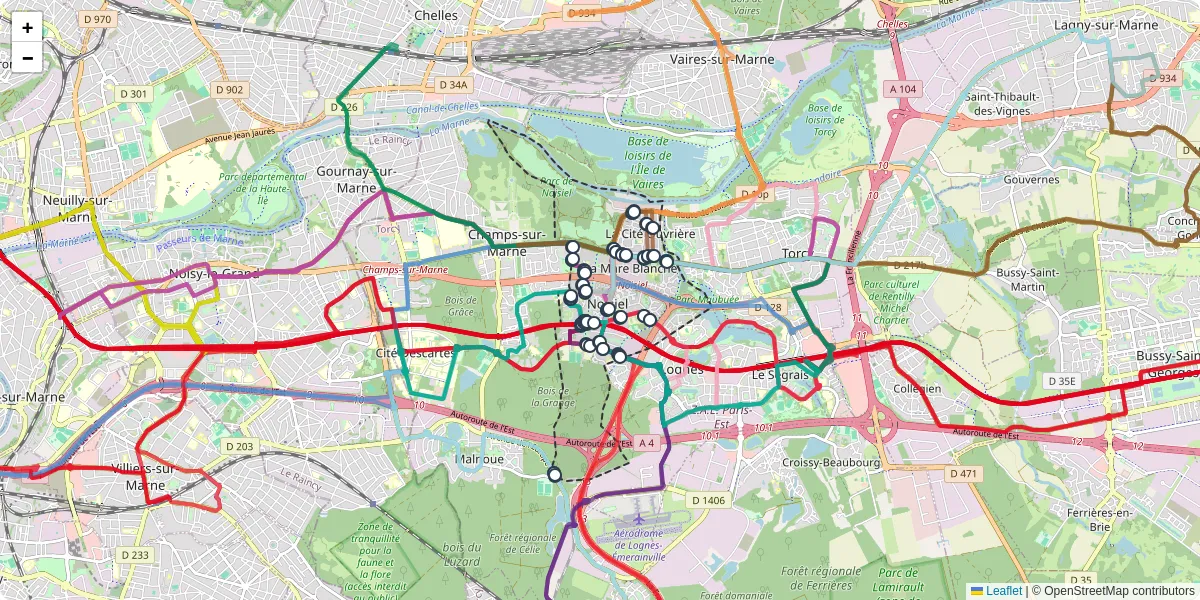 Carte du réseau de transport en commun à Noisiel - lignes de bus et arrêts