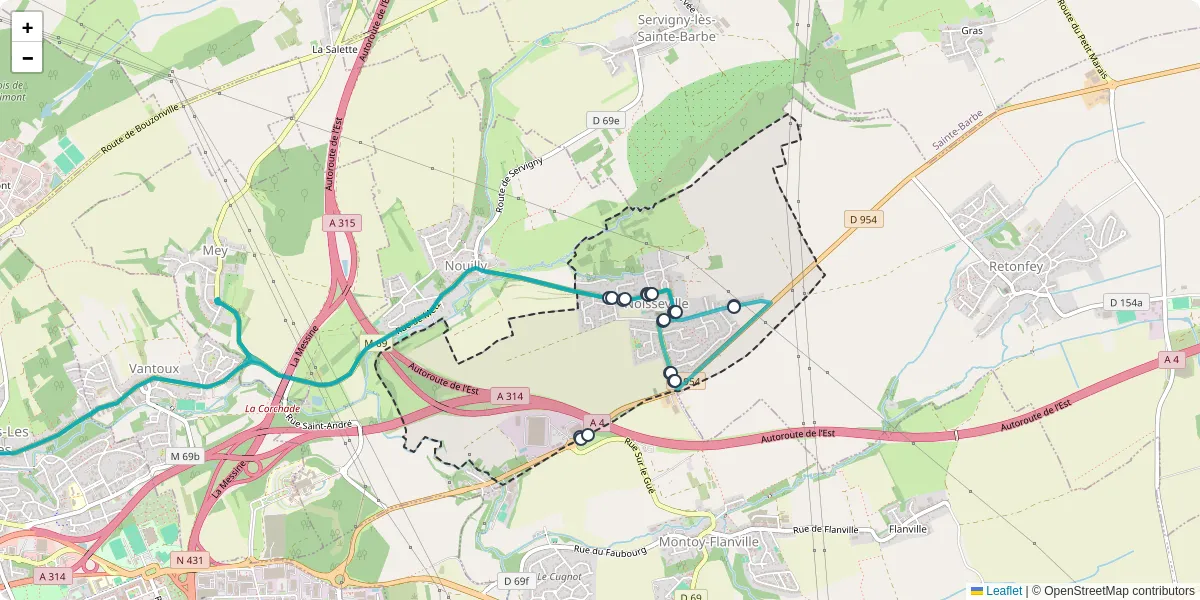 Carte du réseau de transport en commun à Noisseville - lignes de bus et arrêts