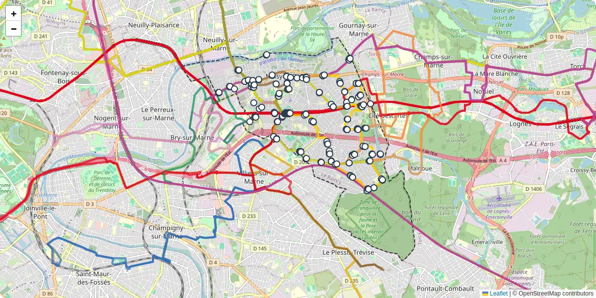 Carte du réseau de transport en commun à Noisy-le-Grand - lignes de bus et arrêts