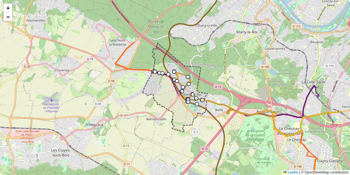 Carte du réseau de transport en commun à Noisy-le-Roi - lignes de bus et arrêts