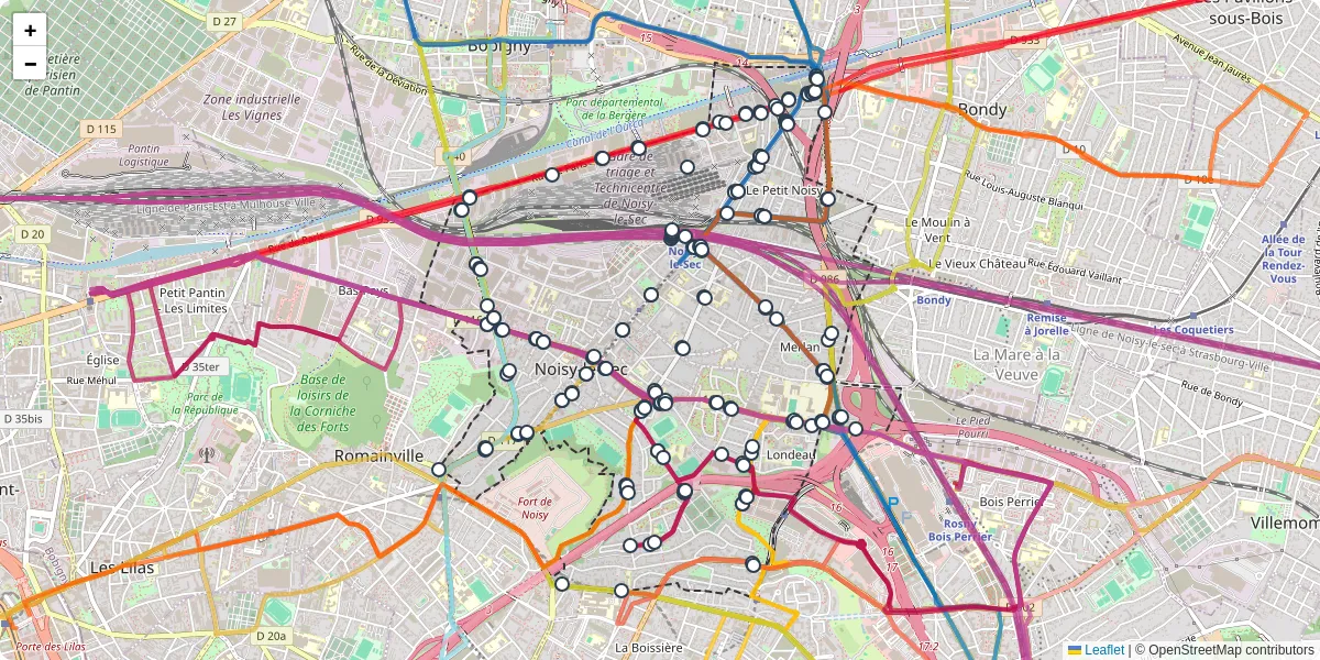 Carte du réseau de transport en commun à Noisy-le-Sec - lignes de bus et arrêts