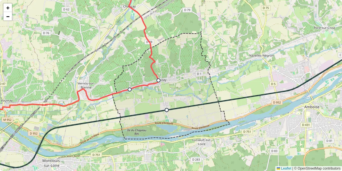 Carte du réseau de transport en commun à Noizay - lignes de bus et arrêts