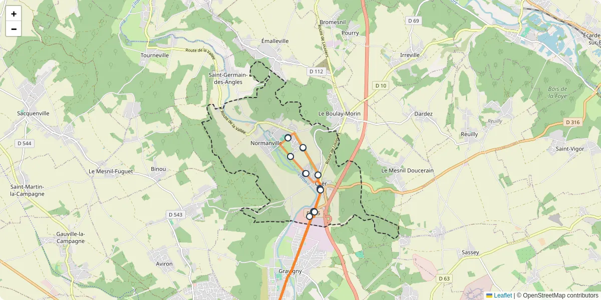 Carte du réseau de transport en commun à Normanville - lignes de bus et arrêts