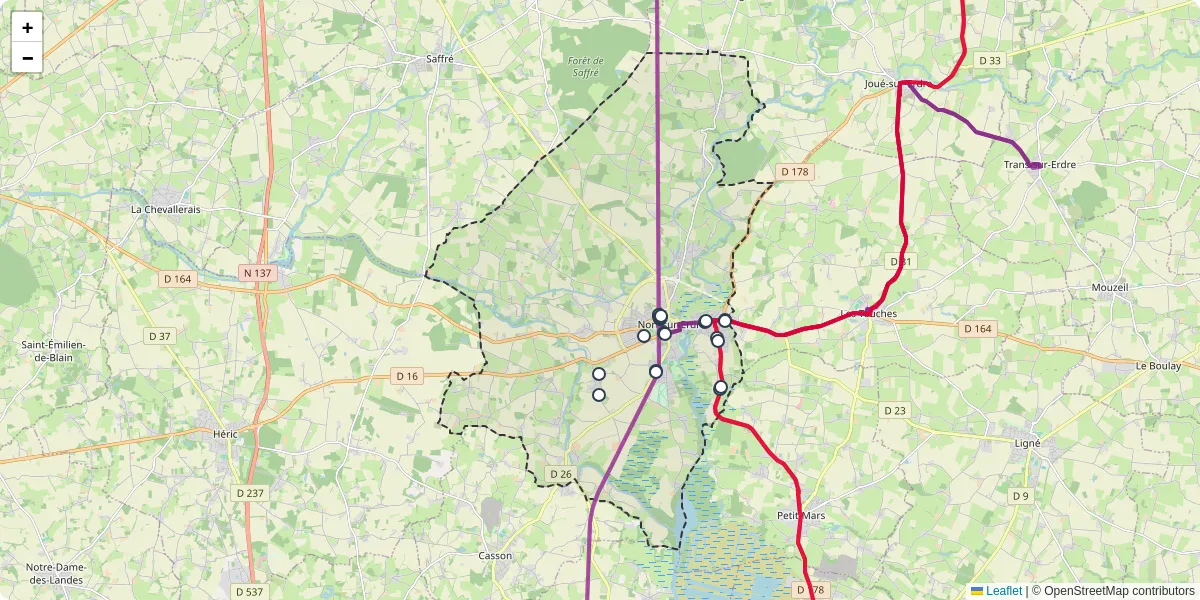 Carte du réseau de transport en commun à Nort-sur-Erdre - lignes de bus et arrêts