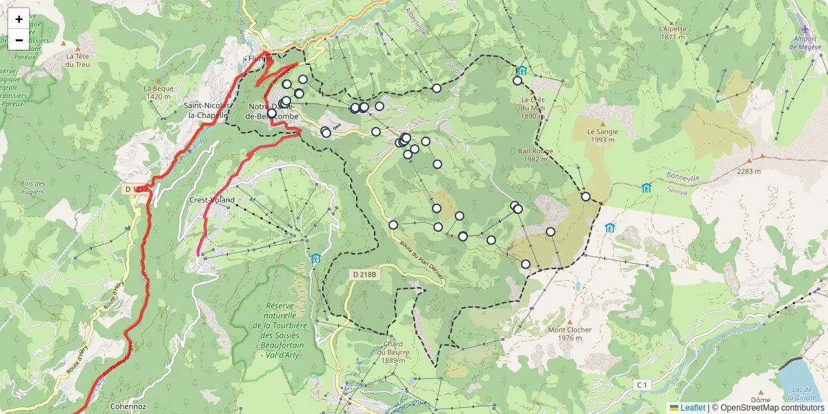 Carte du réseau de transport en commun à Notre-Dame-de-Bellecombe - lignes de bus et arrêts