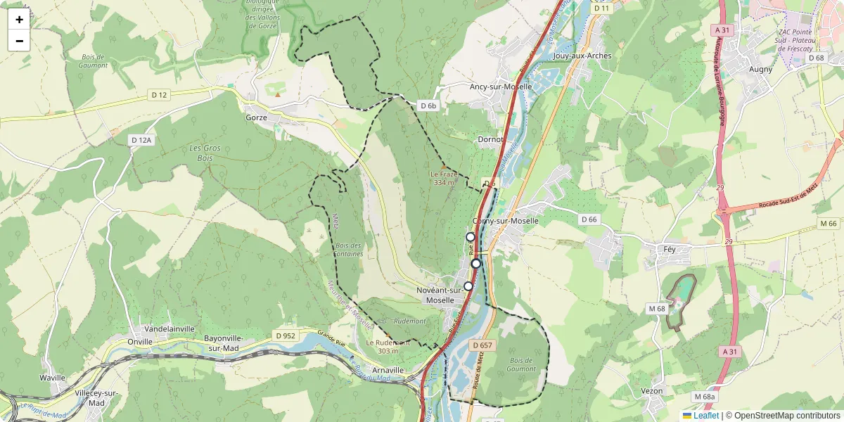 Carte du réseau de transport en commun à Novéant-sur-Moselle - lignes de bus et arrêts
