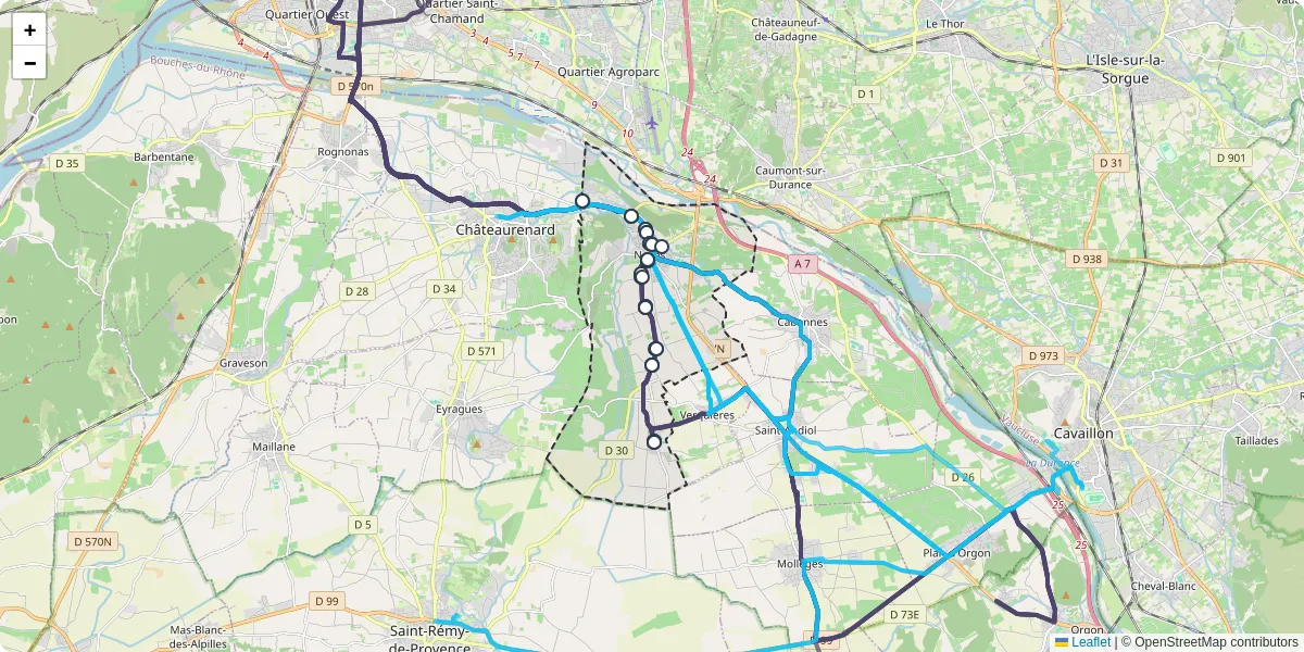 Carte du réseau de transport en commun à Noves - lignes de bus et arrêts