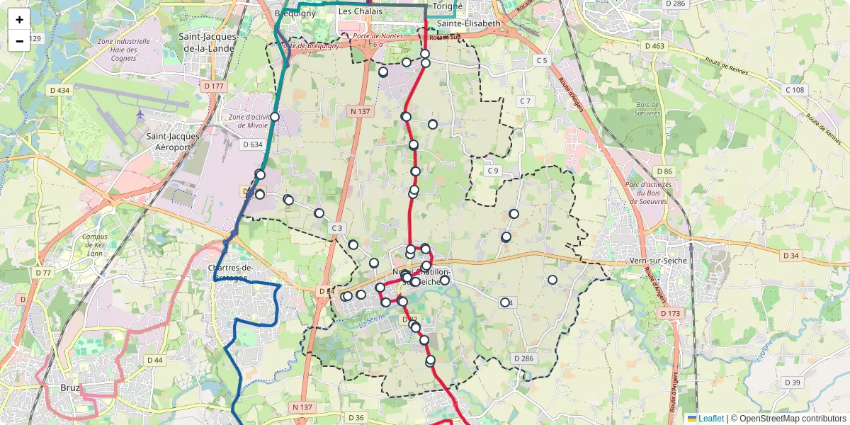 Carte du réseau de transport en commun à Noyal-Châtillon-sur-Seiche - lignes de bus et arrêts