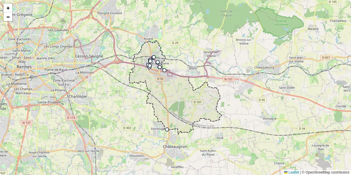 Carte du réseau de transport en commun à Noyal-sur-Vilaine - lignes de bus et arrêts
