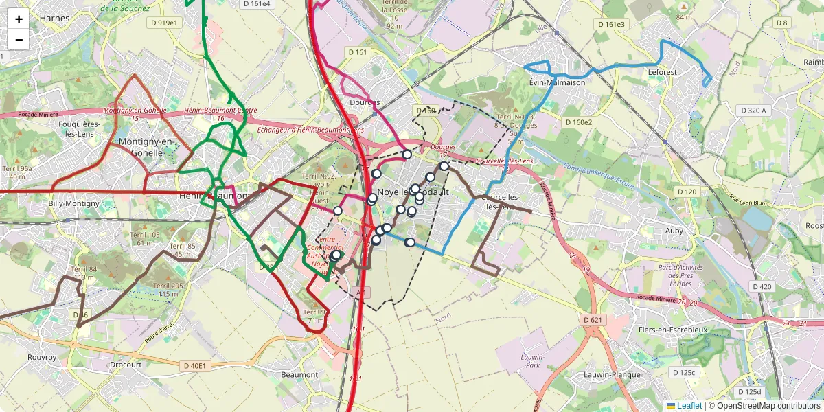 Carte du réseau de transport en commun à Noyelles-Godault - lignes de bus et arrêts