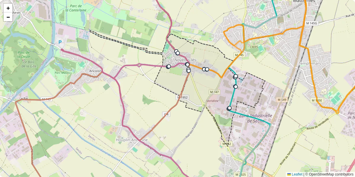 Carte du réseau de transport en commun à Noyelles-lès-Seclin - lignes de bus et arrêts