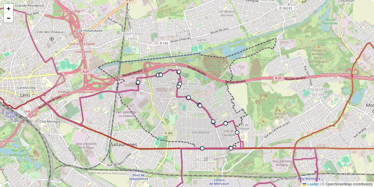 Carte du réseau de transport en commun à Noyelles-sous-Lens - lignes de bus et arrêts