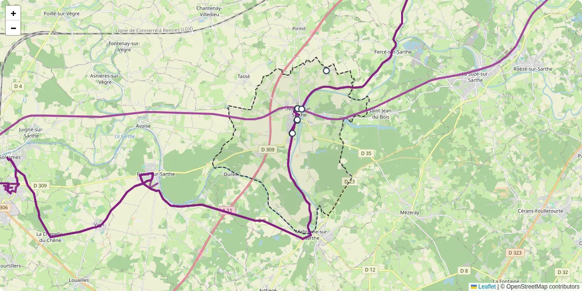 Carte du réseau de transport en commun à Noyen-sur-Sarthe - lignes de bus et arrêts