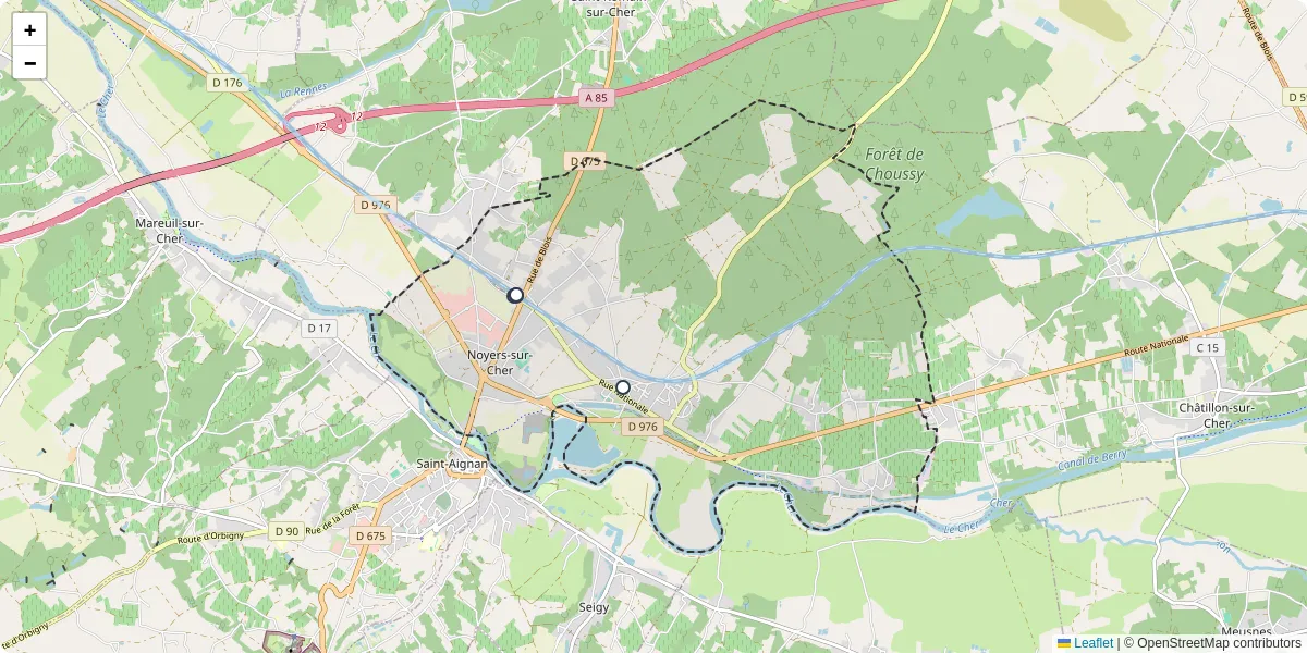 Carte du réseau de transport en commun à Noyers-sur-Cher - lignes de bus et arrêts