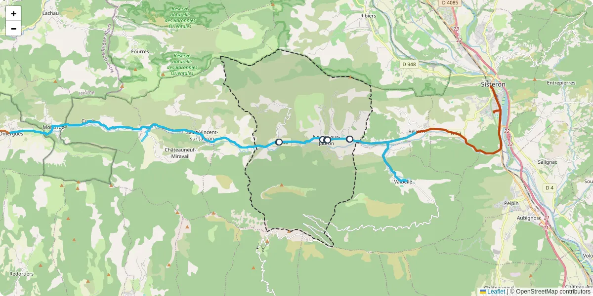 Carte du réseau de transport en commun à Noyers-sur-Jabron - lignes de bus et arrêts