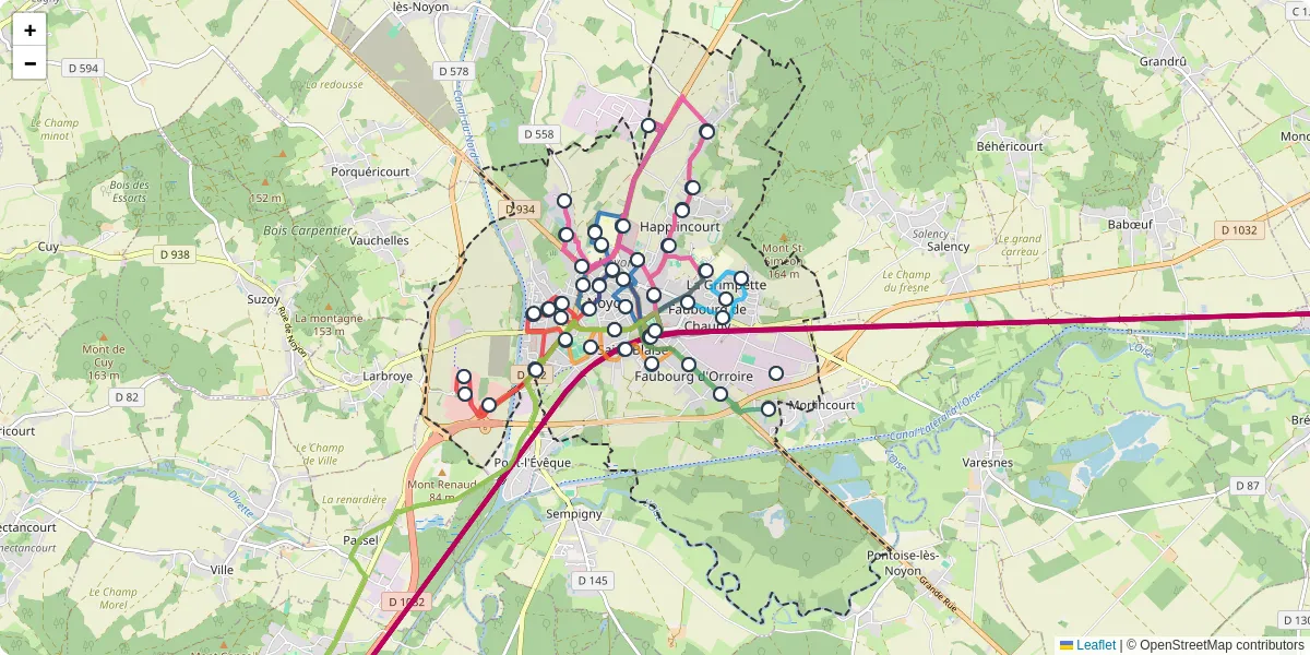 Carte du réseau de transport en commun à Noyon - lignes de bus et arrêts