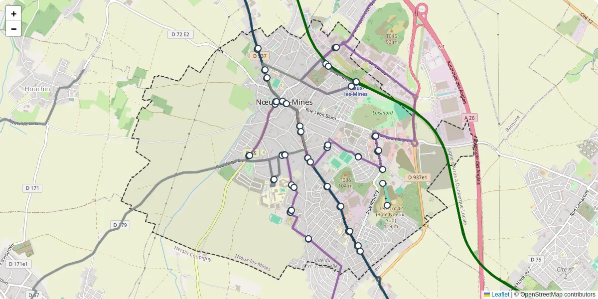Carte du réseau de transport en commun à Nœux-les-Mines - lignes de bus et arrêts