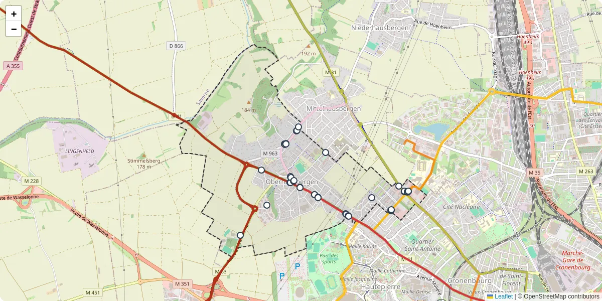 Carte du réseau de transport en commun à Oberhausbergen - lignes de bus et arrêts