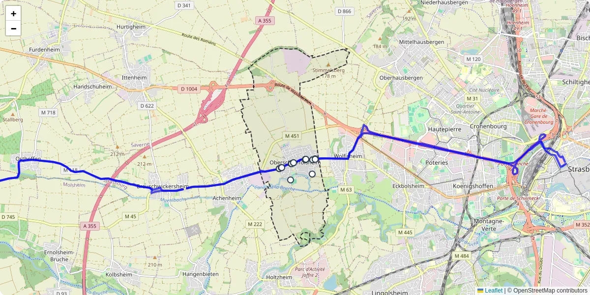 Carte du réseau de transport en commun à Oberschaeffolsheim - lignes de bus et arrêts