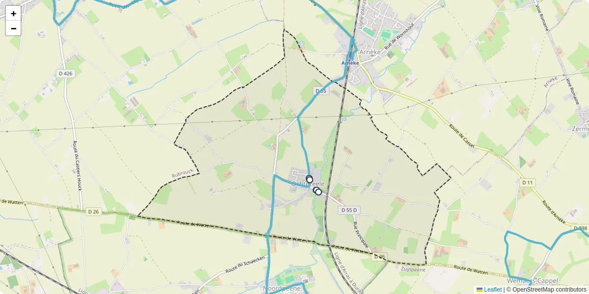 Carte du réseau de transport en commun à Ochtezeele - lignes de bus et arrêts