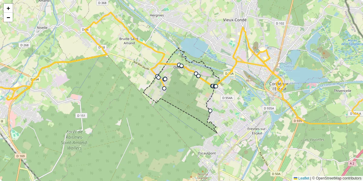 Carte du réseau de transport en commun à Odomez - lignes de bus et arrêts