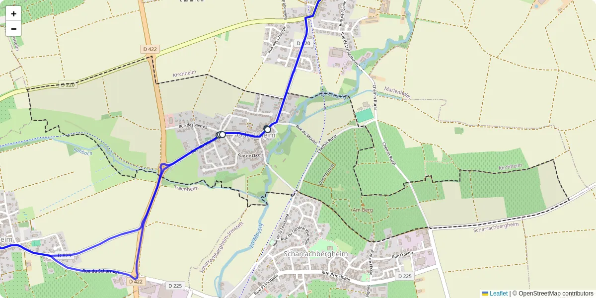 Carte du réseau de transport en commun à Odratzheim - lignes de bus et arrêts