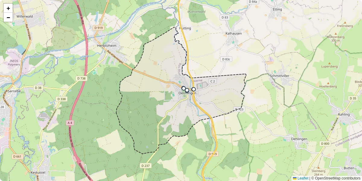 Carte du réseau de transport en commun à Oermingen - lignes de bus et arrêts