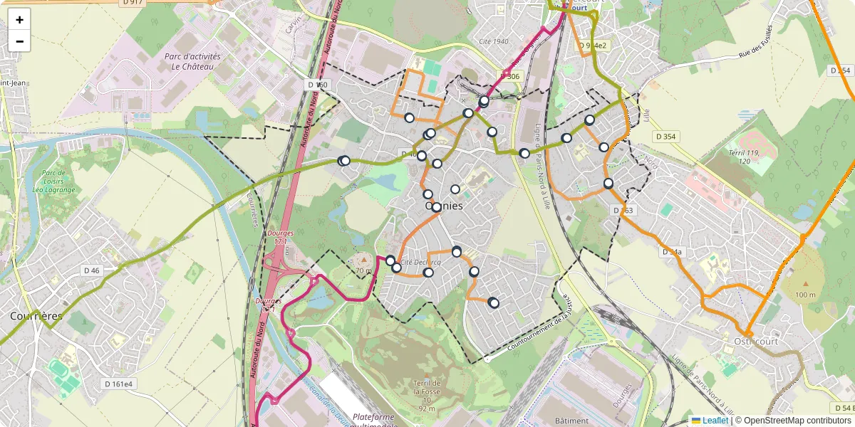 Carte du réseau de transport en commun à Oignies - lignes de bus et arrêts