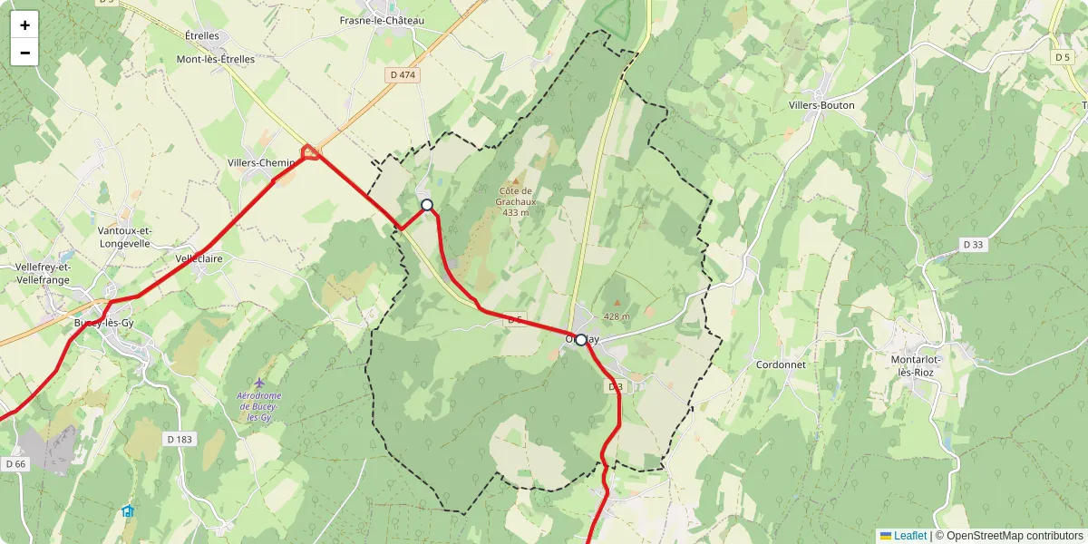 Carte du réseau de transport en commun à Oiselay-et-Grachaux - lignes de bus et arrêts