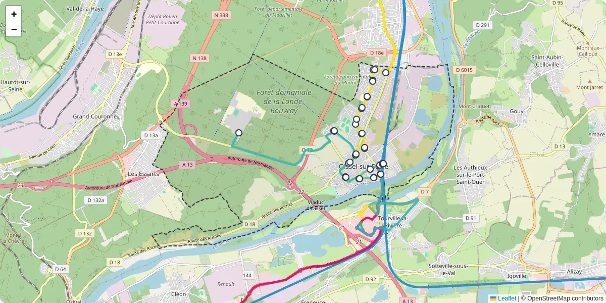 Carte du réseau de transport en commun à Oissel-sur-Seine - lignes de bus et arrêts