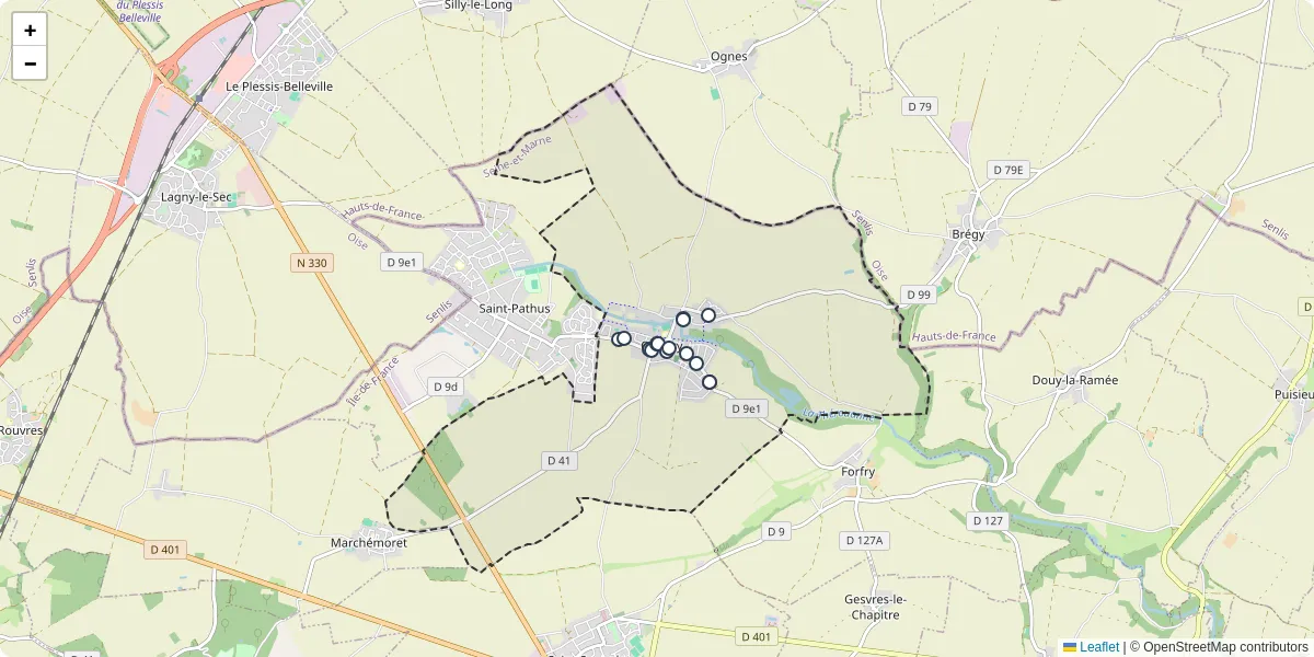 Carte du réseau de transport en commun à Oissery - lignes de bus et arrêts