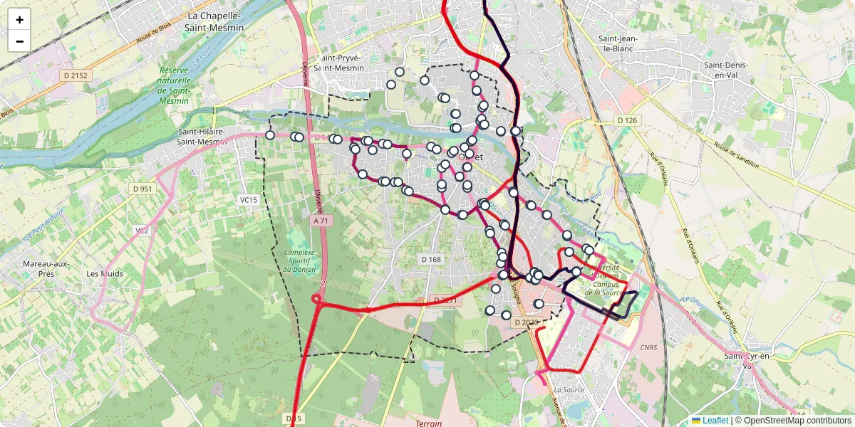 Carte du réseau de transport en commun à Olivet - lignes de bus et arrêts