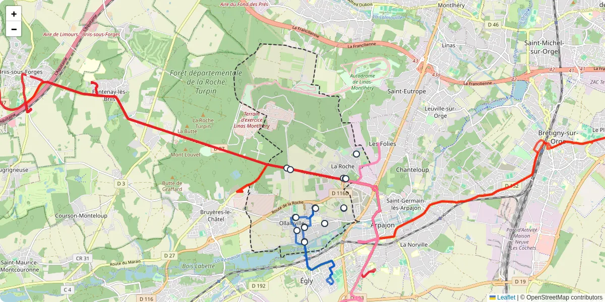 Carte du réseau de transport en commun à Ollainville - lignes de bus et arrêts