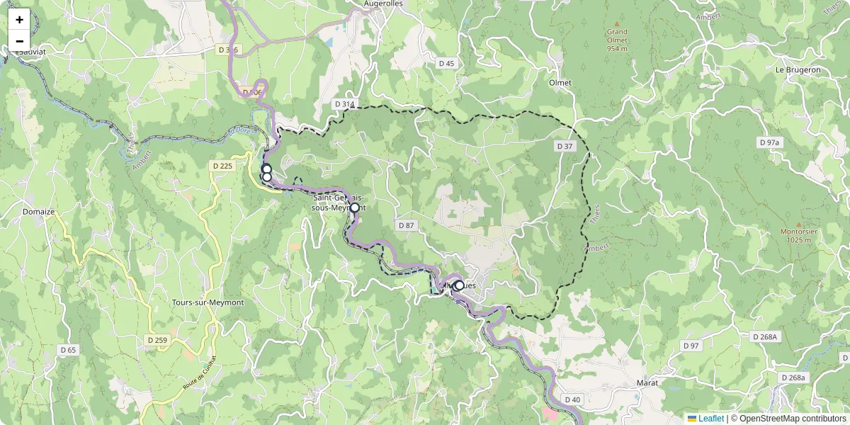 Carte du réseau de transport en commun à Olliergues - lignes de bus et arrêts