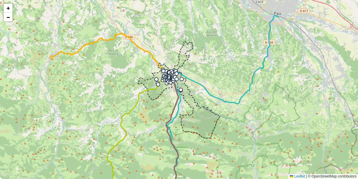 Carte du réseau de transport en commun à Oloron-Sainte-Marie - lignes de bus et arrêts
