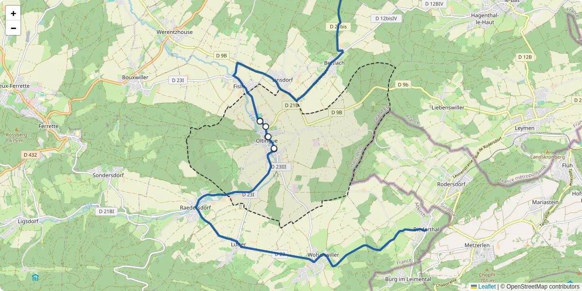 Carte du réseau de transport en commun à Oltingue - lignes de bus et arrêts