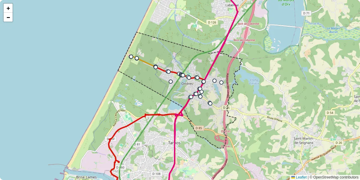 Carte du réseau de transport en commun à Ondres - lignes de bus et arrêts