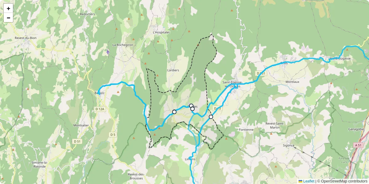 Carte du réseau de transport en commun à Ongles - lignes de bus et arrêts