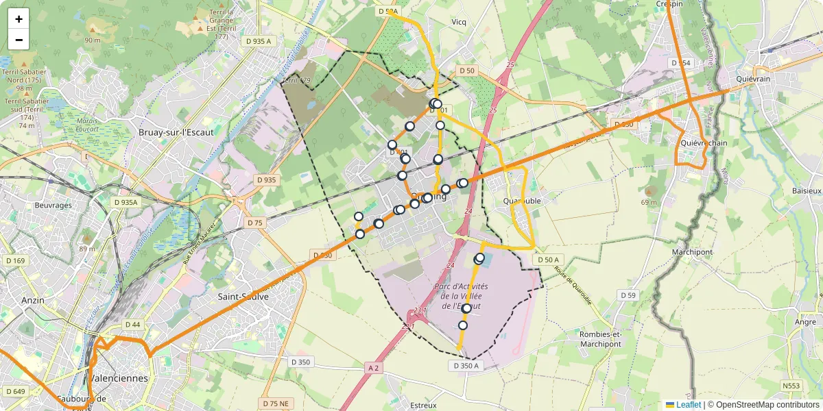 Carte du réseau de transport en commun à Onnaing - lignes de bus et arrêts