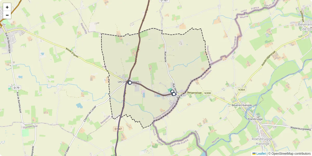 Carte du réseau de transport en commun à Oost-Cappel - lignes de bus et arrêts
