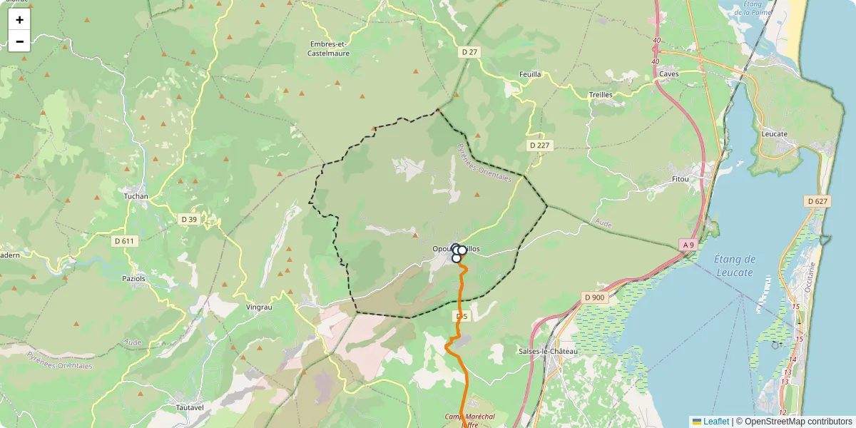 Carte du réseau de transport en commun à Opoul-Périllos - lignes de bus et arrêts