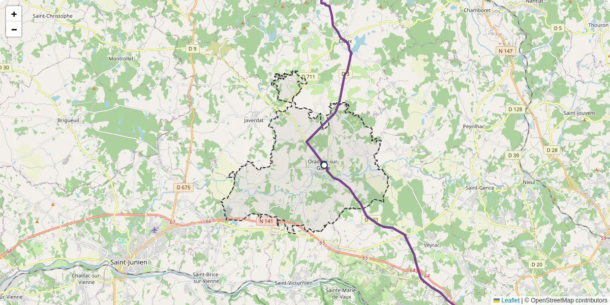 Carte du réseau de transport en commun à Oradour-sur-Glane - lignes de bus et arrêts