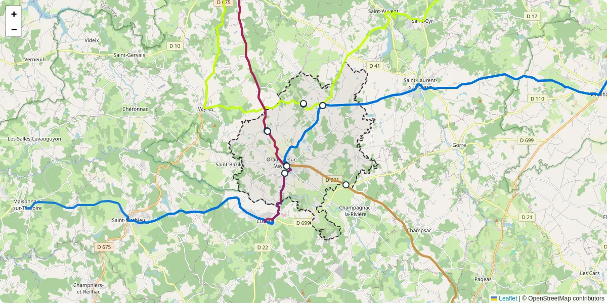 Carte du réseau de transport en commun à Oradour-sur-Vayres - lignes de bus et arrêts